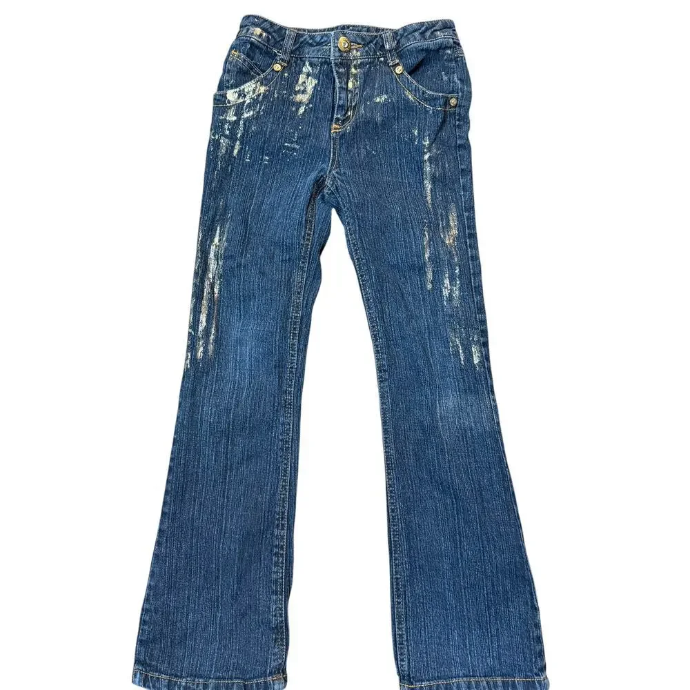 Y2K Hannah Montana Girls Flared Jeans Gold Embellished Size 10